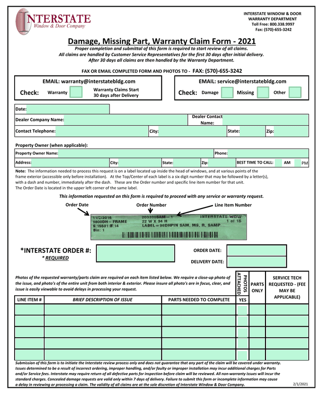 Damage, Missing Part, Warranty Claim Form   2021 screenshot