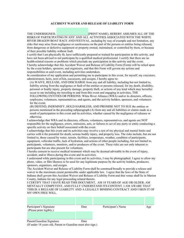 Accident Waiver And Release Of Liability Form screenshot