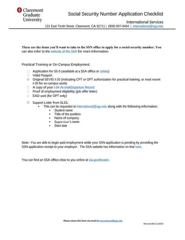 Social Security Number Application Checklist screenshot