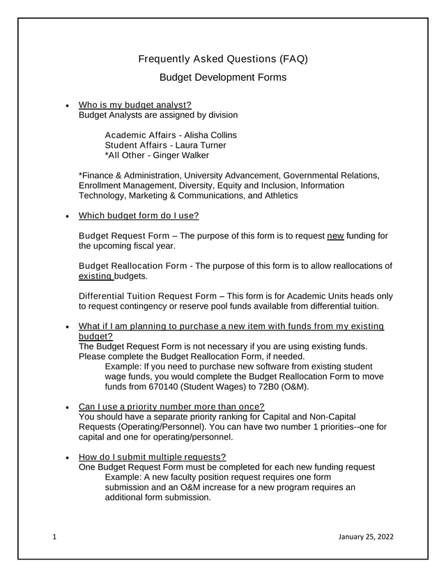 Frequently Asked Questions (FAQ) Budget Development Forms screenshot
