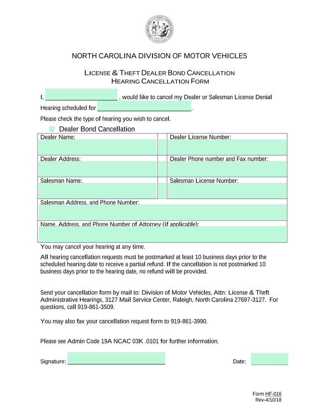 LICENSE  THEFT DEALER BOND CANCELLATION HEARING CANCELLATION FORM screenshot