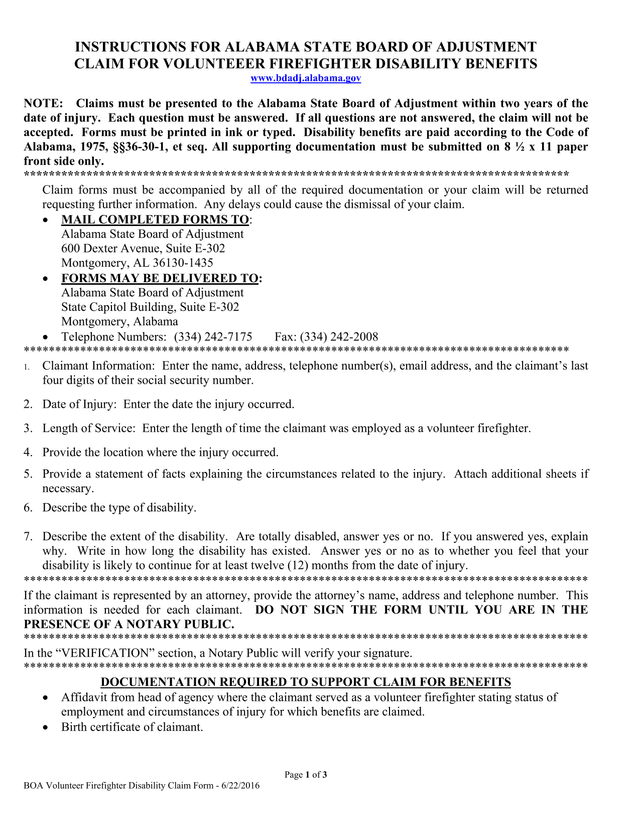 BOA Volunteer Firefighter Disability Claim Form screenshot