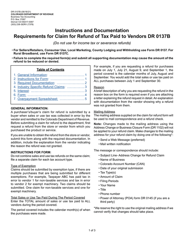 DR 0137B (081821) Sales And Use Tax Refund Claim Form screenshot