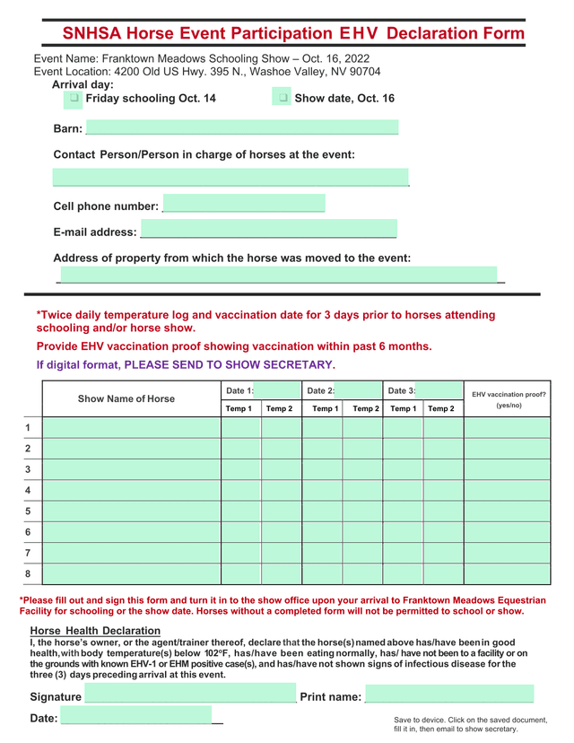 SNHSA Horse Event Participation EHV Declaration Form screenshot