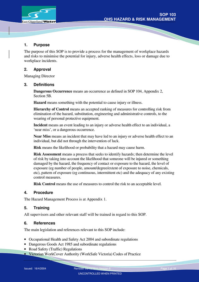 SOP 103 OHS Hazard  Risk Management screenshot