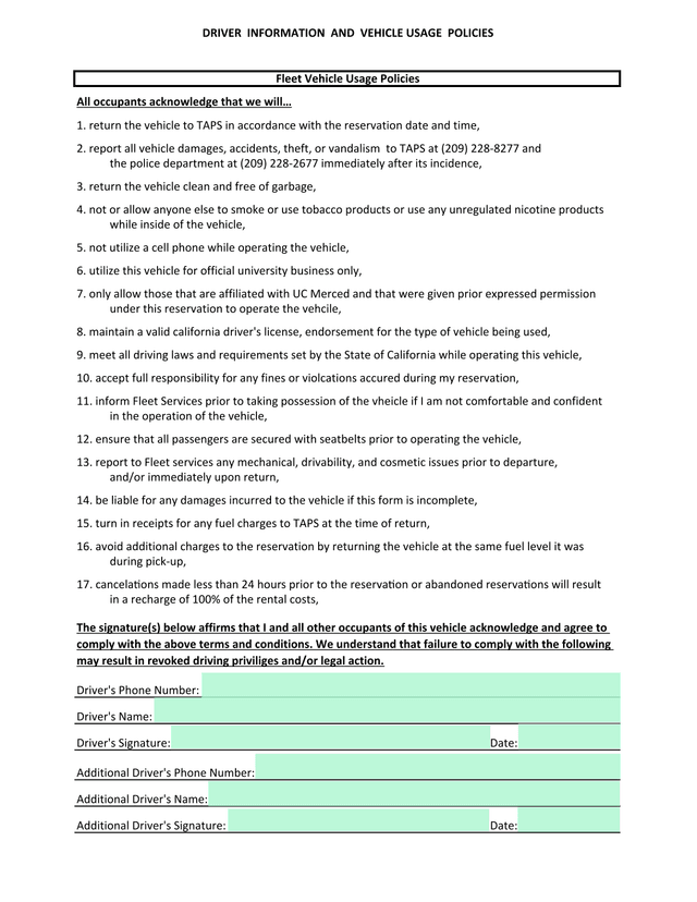 DRIVER INFORMATION AND VEHICLE USAGE POLICIES screenshot
