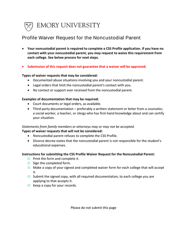 Profile Waiver Request For The Noncustodial Parent screenshot