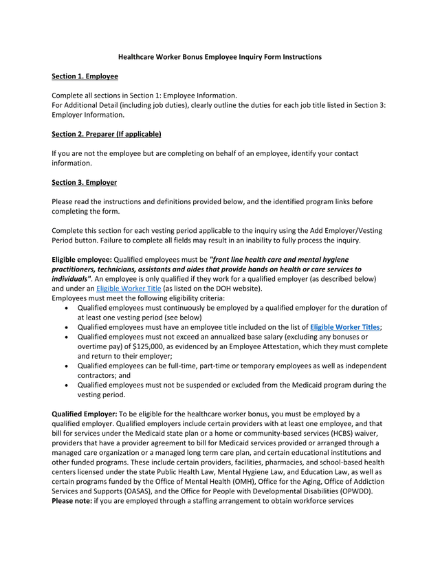 Healthcare Worker Bonus Employee Inquiry Form Instructions screenshot