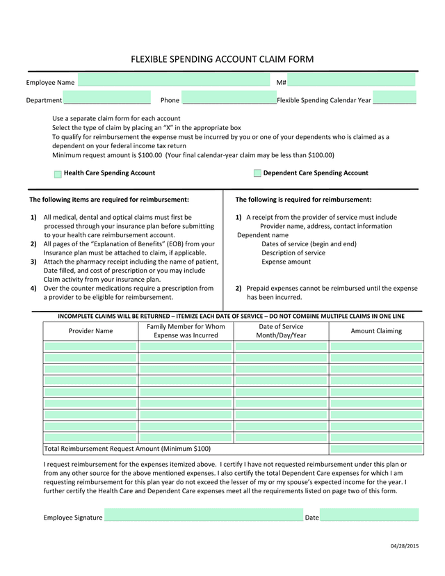 Flexible Spending Account Claim Form screenshot
