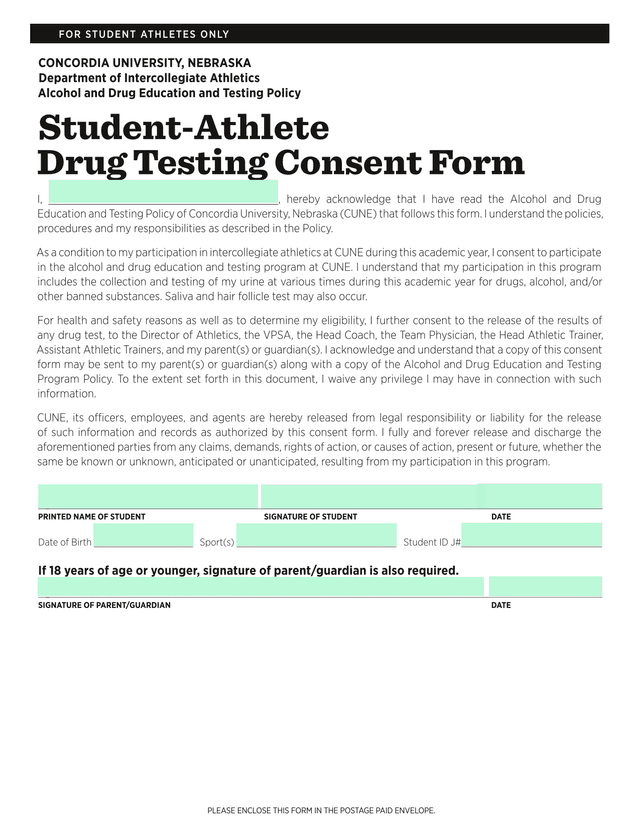 Student Athlete Drug Testing Consent Form screenshot