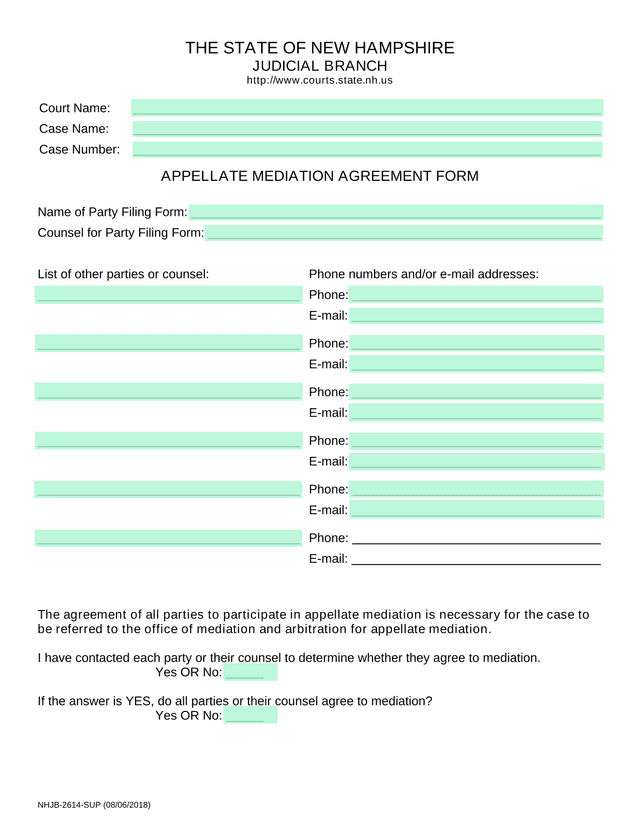 APPELLATE MEDIATION AGREEMENT FORM screenshot