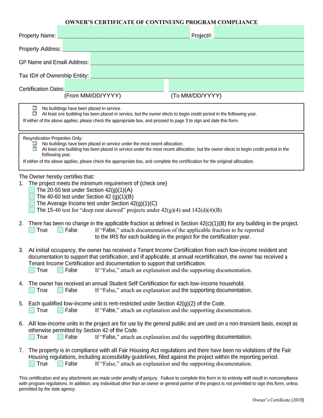 OwnerS Certificate Of Continuing Program Compliance screenshot