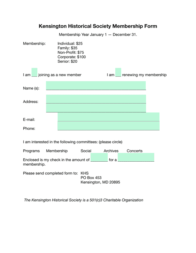 Kensington Historical Society Membership Form screenshot