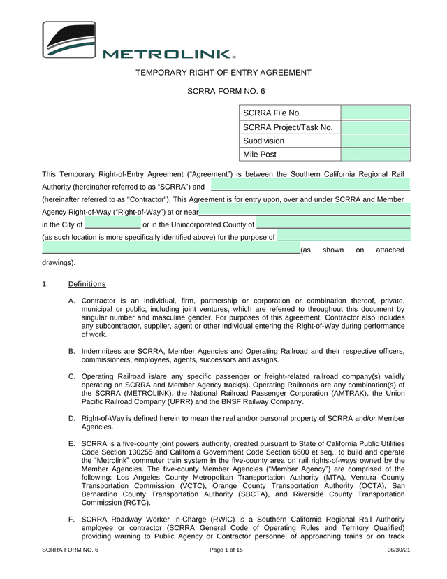 SCRRA FORM NO. 6   TEMPORARY RIGHT OF ENTRY AGREEMENT screenshot