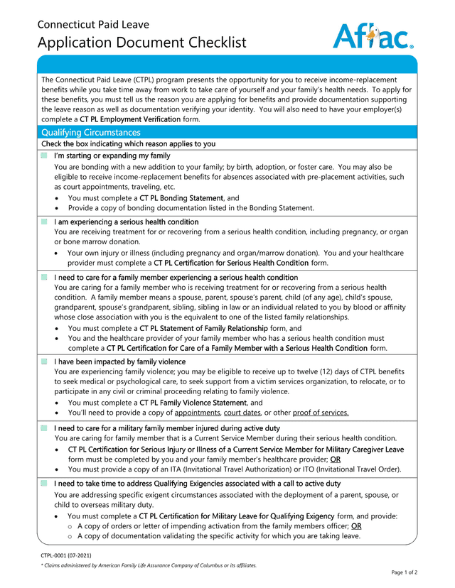 Connecticut Paid Leave Application Document Checklist screenshot