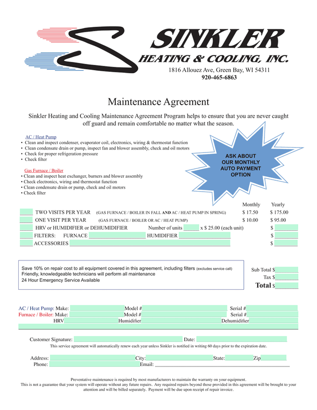 Maintenance Agreement screenshot