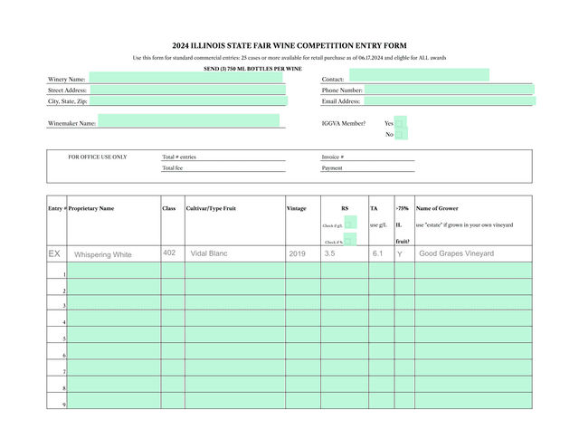 2024 ILLINOIS STATE FAIR WINE COMPETITION ENTRY FORM screenshot