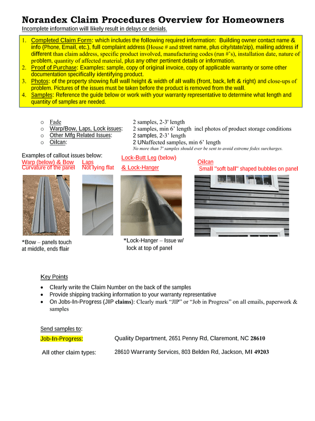 Norandex Claim Procedures Overview For Homeowners screenshot