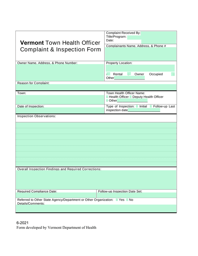 Vermont Town Health Officer Complaint  Inspection Form screenshot