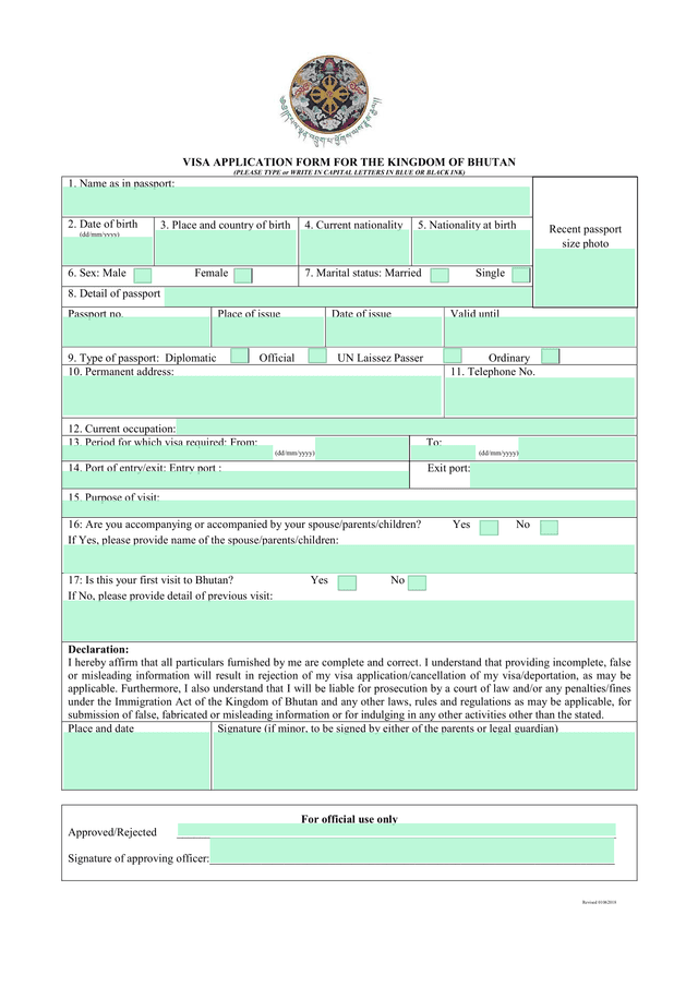 VISA APPLICATION FORM FOR THE KINGDOM OF BHUTAN screenshot