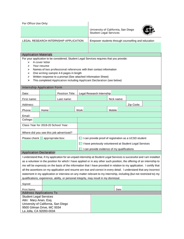 Student Legal Services Legal Research Internship Application screenshot