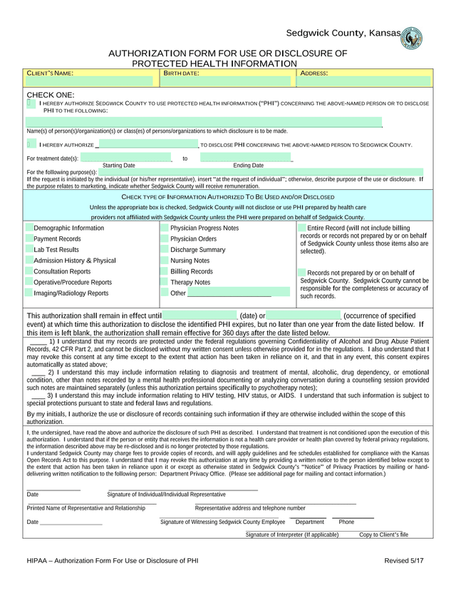 Authorization Form For Use Or Disclosure Of Protected Health Information screenshot