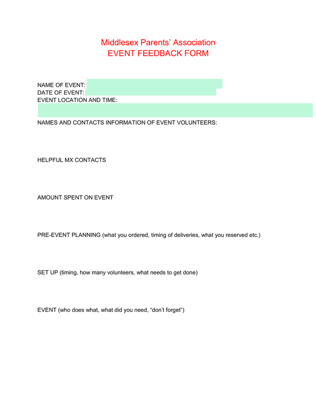 Middlesex Parents Association Event Feedback Form screenshot