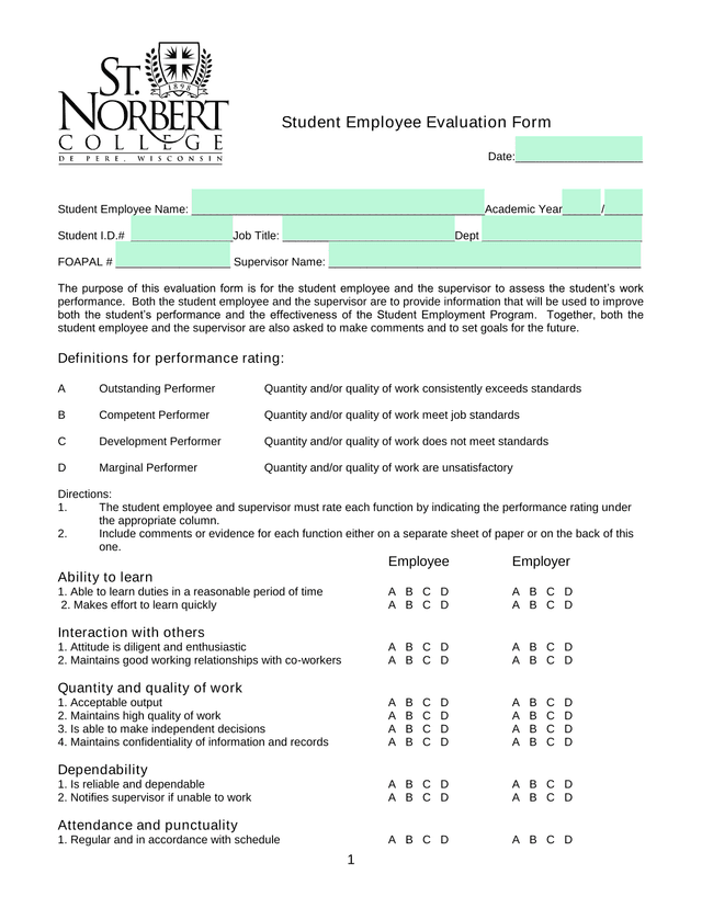 Student Employee Evaluation Form screenshot