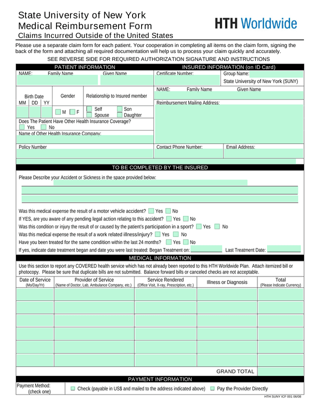 State University Of New York Medical Reimbursement Form Claims Incurred Outside Of The United States screenshot