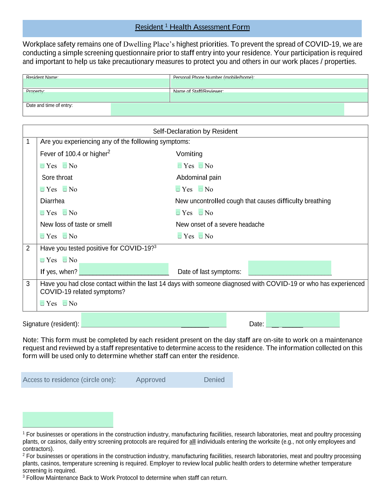 Resident 1 Health Assessment Form screenshot