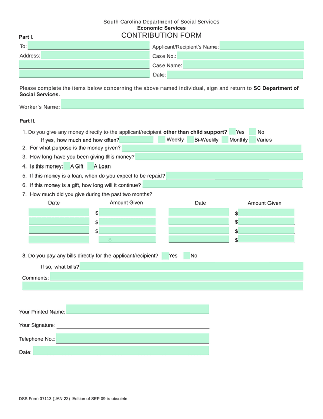DSS Form 37113 Contribution Form screenshot