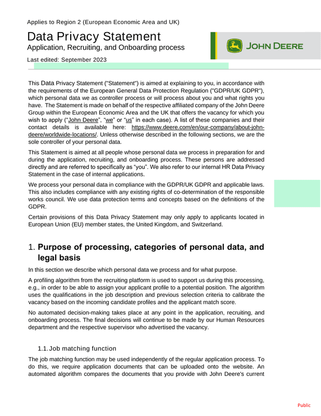 John Deere Data Privacy Statement For Job Applications screenshot