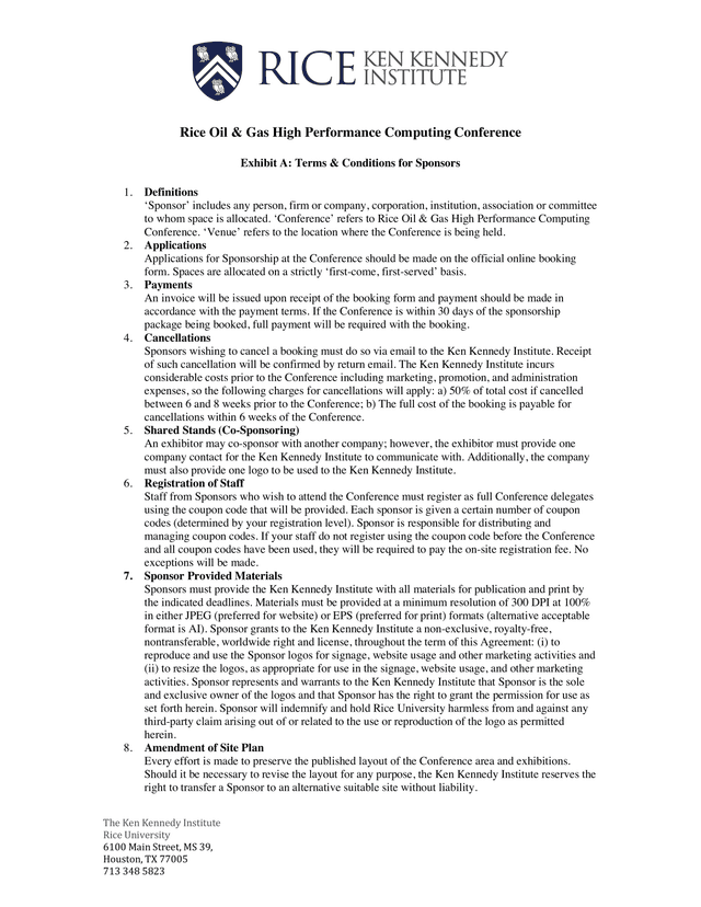 Rice Oil  Gas High Performance Computing Conference   Exhibit A Terms  Conditions For Sponsors screenshot