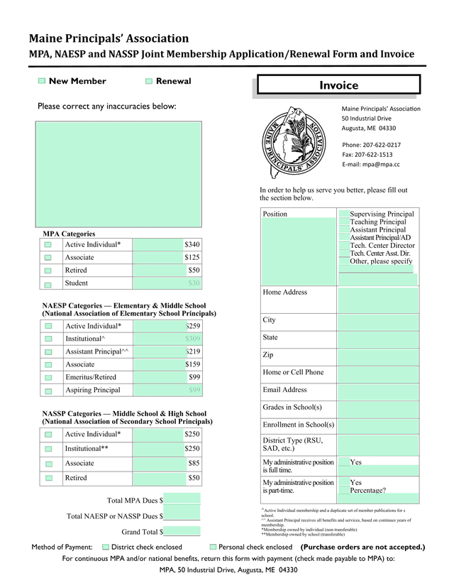 MPA, NAESP And NASSP Joint Membership ApplicationRenewal Form And Invoice screenshot