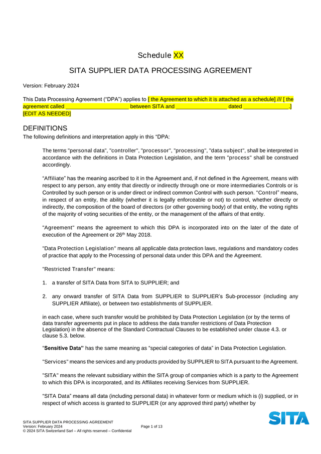 SITA Supplier Data Processing Agreement screenshot