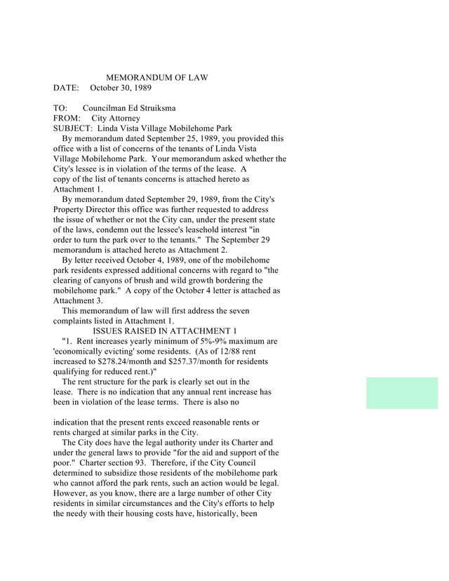 Memorandum Of Law Linda Vista Village Mobilehome Park screenshot