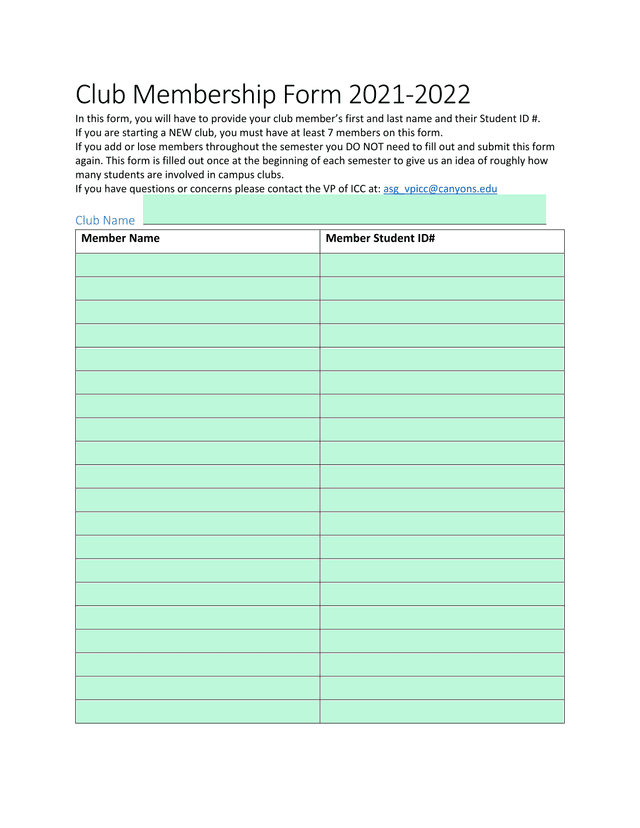 Club Membership Form 2021 2022 screenshot