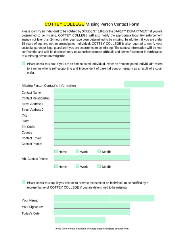 Cottey College Missing Person Contact Form screenshot