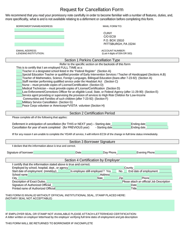 Request For Cancellation Form screenshot