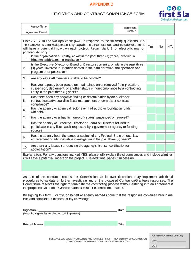 Litigation And Contract Compliance Form screenshot