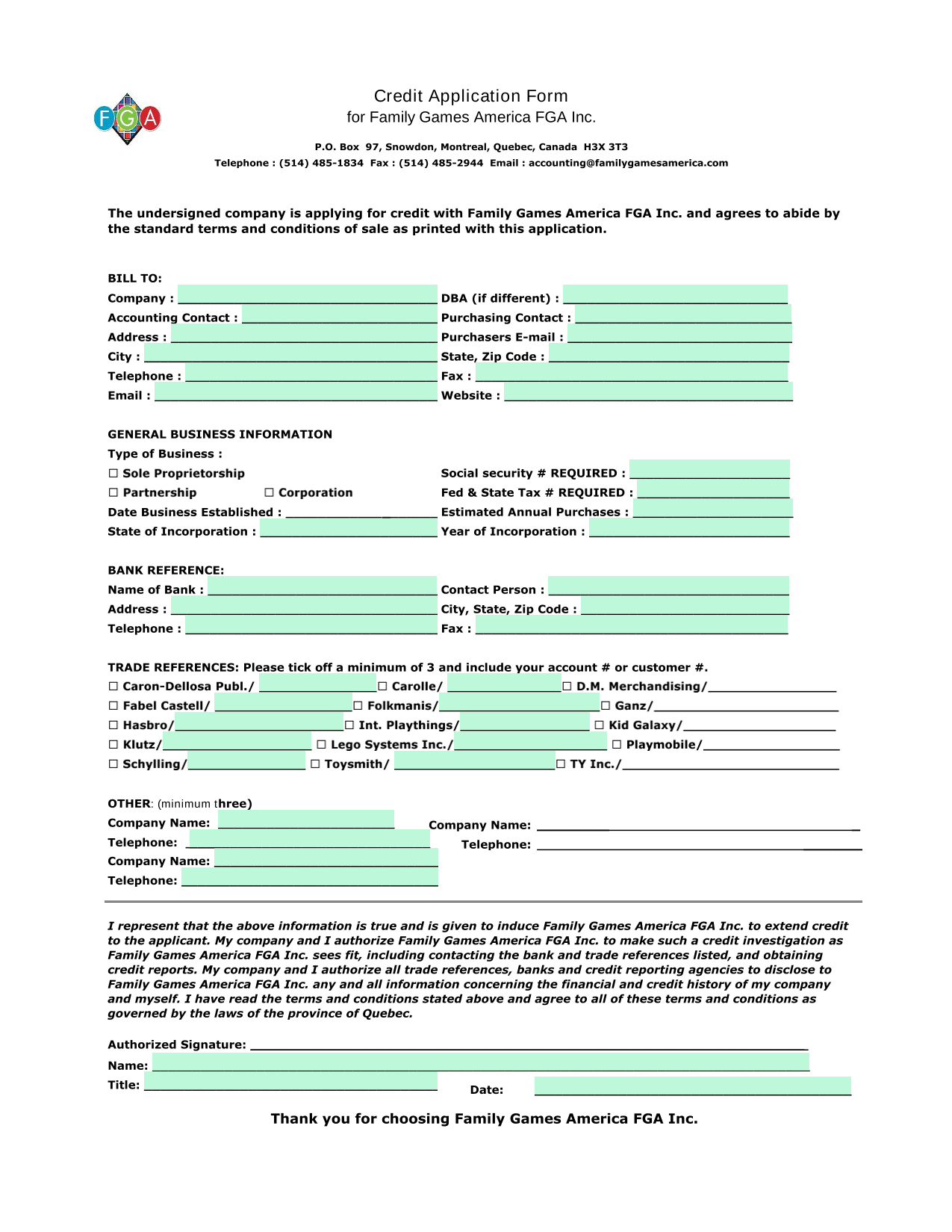 Credit Application Form For Family Games America FGA Inc. screenshot