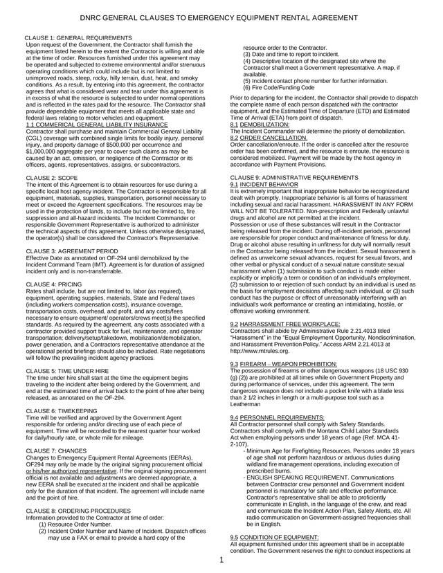 DNRC General Clauses To Emergency Equipment Rental Agreement screenshot