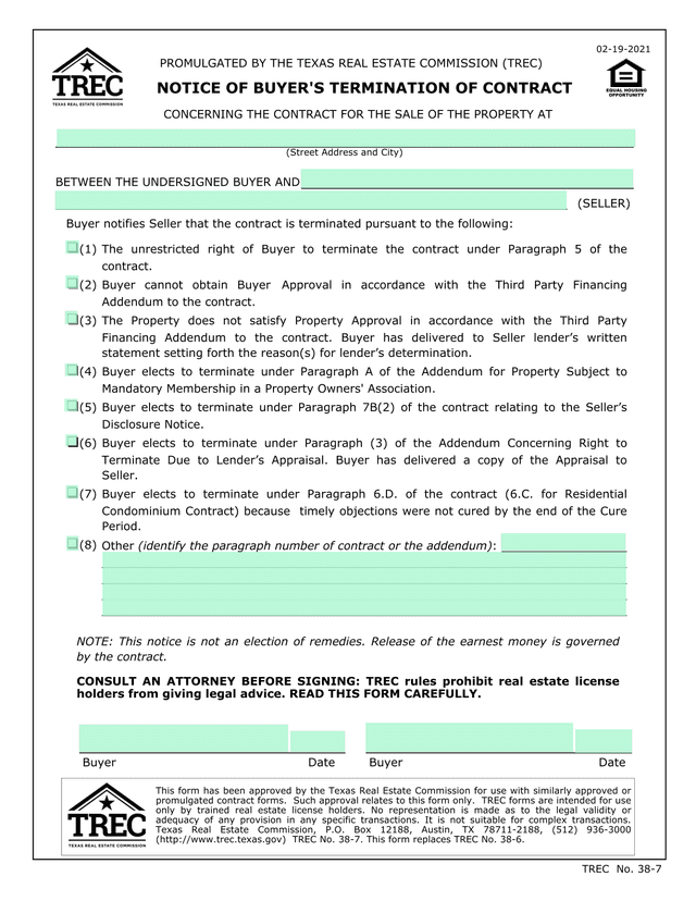 TREC No. 38 7 BuyerS Termination Notice screenshot