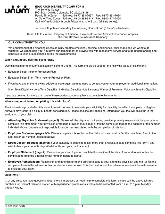 Unum Disability Claim Form screenshot