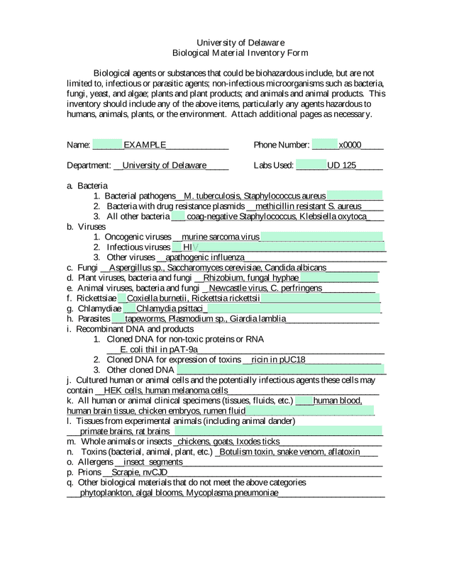 Biological Material Inventory Form screenshot