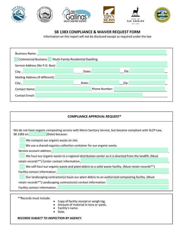 SB 1383 COMPLIANCE  WAIVER REQUEST FORM screenshot