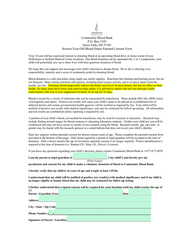 Sixteen Year Old Blood Donor Parental Consent Form screenshot