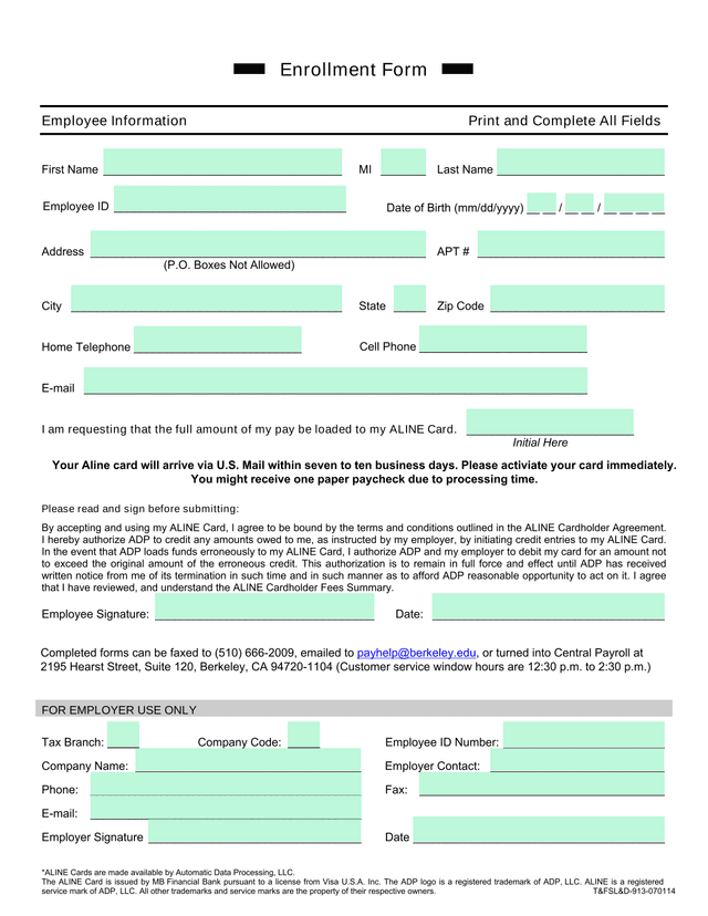 ALINE Card Enrollment Form screenshot