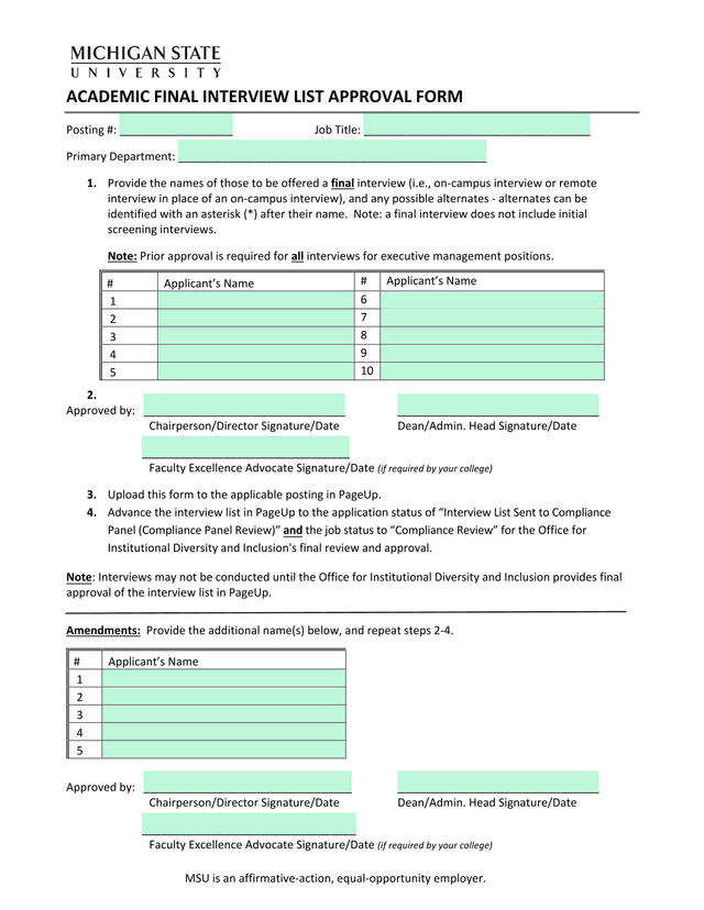 Academic Final Interview List Approval Form screenshot
