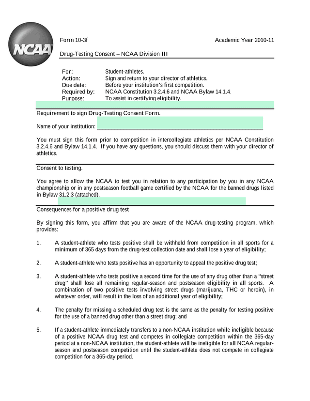 Form 10 3f Drug Testing Consent  NCAA Division III screenshot